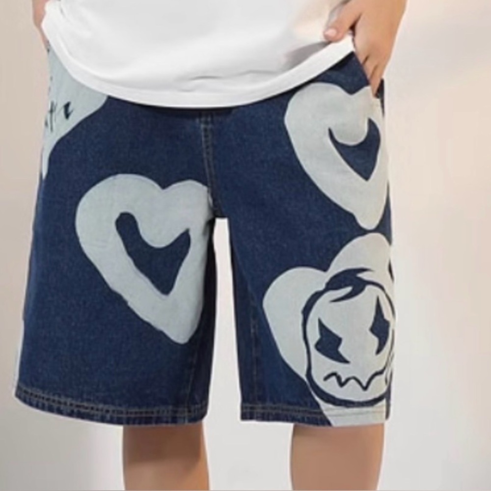 Genanx Colorblock Print Bermuda Denim Shorts Jeans